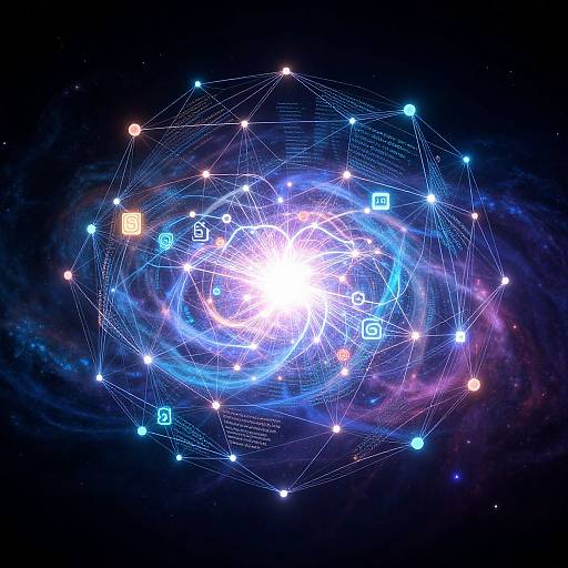Digital art: Bright white light at center, surrounded by glowing blue and purple lines connecting blue and yellow dots in a dark, starry background, resembling