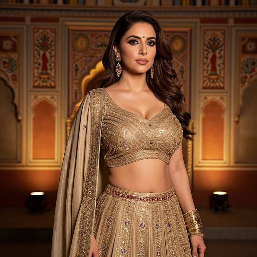 Photograph of a beautiful South Asian woman with long, wavy brown hair in a gold embroidered traditional lehenga and choli, adorned with jewelry,