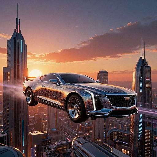 Photorealistic CGI of a sleek, silver flying car hovering above a futuristic cityscape at sunset, with tall skyscrapers and vibrant, colorful sky