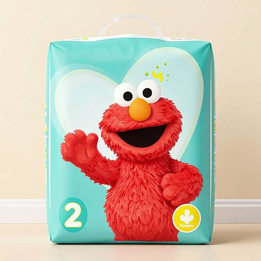Photograph of a Sesame Street Elmo diaper package with bright red, fuzzy Elmo on a blue background, white heart, numbers 2 and