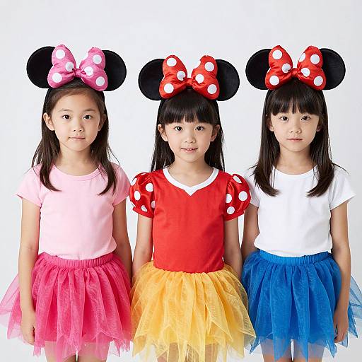 Photograph of three Asian girls wearing Minnie Mouse headbands, polka dot bows, and colorful tulle skirts, standing against a white background.