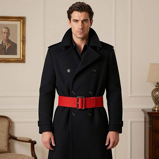 Photograph of a handsome man with dark hair, wearing a black double-breasted coat, bright red belt, standing in a elegant, white-walled