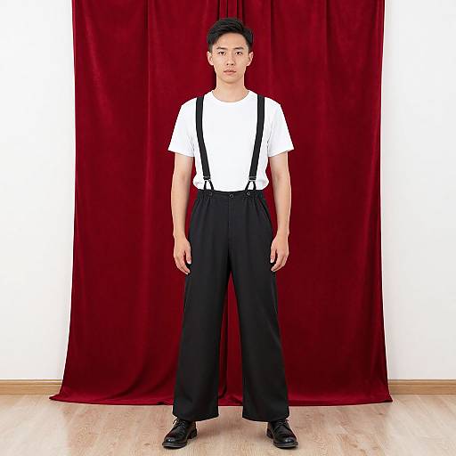 Photograph of an Asian man with short black hair, wearing a white t-shirt, black suspenders, and high-waisted black pants, standing