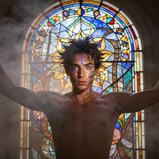 Photograph of a shirtless, muscular man with messy dark hair, painted face, arms raised, standing before a vibrant stained glass window. Steam surrounds