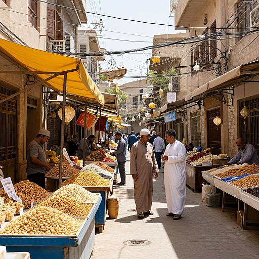 Sunlit Alleyway with Vibrant Market Stalls