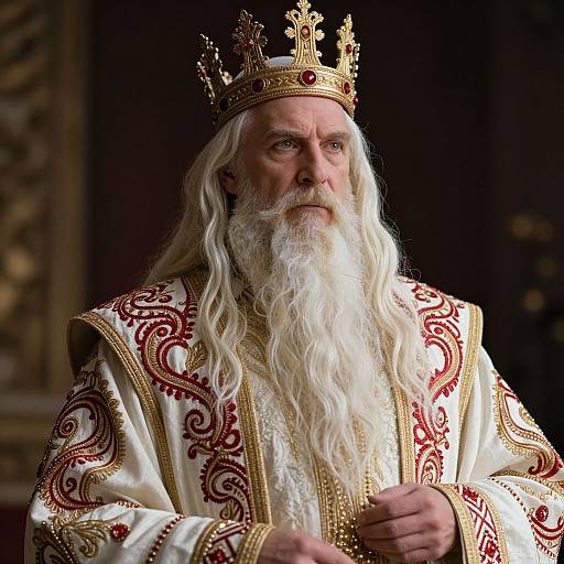 Photograph of an elderly white king with long white beard, golden crown, and ornate white and red regal robe, looking solemn. Dark,
