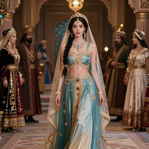 Photograph of an Indian bride in a turquoise and gold traditional lehenga with veil, standing in an ornate, golden-hued palace hallway with roy