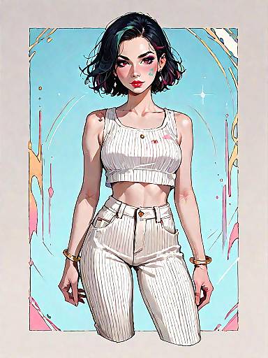 Stylish Woman in White Crop Top and Striped Trousers