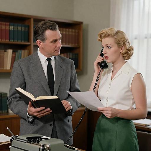 1950s Office Conversation with Telephone and Book