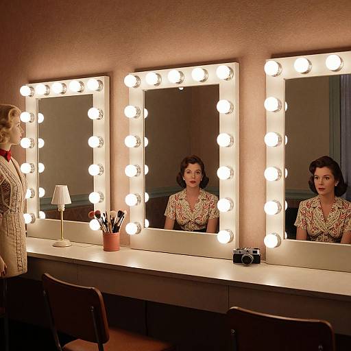 Photograph of a woman with curly dark hair, wearing a patterned blouse, standing in front of a brightly lit vanity mirror.