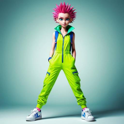 Cartoon Female with Pink Spiky Hair and Neon Green Jumpsuit