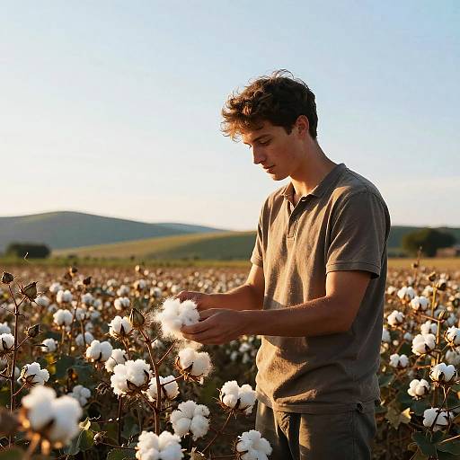 Young Man Picking Cotton at Golden Hour