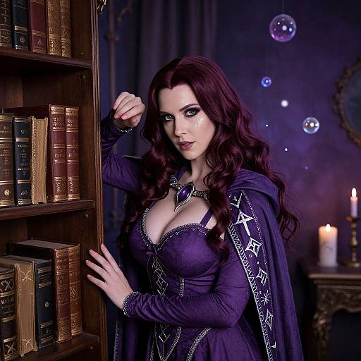 Magical woman with long dark hair, large breasts, wearing a purple star-embroidered dress and cape, stands by a bookshelf in a