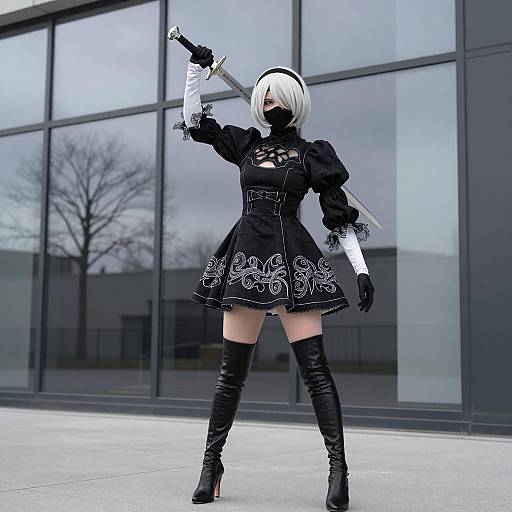 Cosplayer as 2B from NieR: Automata with Sword Outdoors