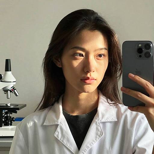 Photograph of an Asian woman with long black hair, wearing a white lab coat, taking a selfie in a bright laboratory, with a microscope in the