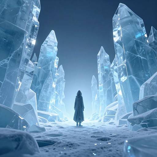 Digital artwork: Silhouetted figure in long coat stands amidst glowing, ethereal ice crystals in a snowy, blue-lit cavern.