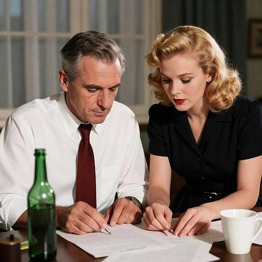 1940s Couple Collaborating at Cluttered Desk