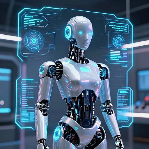 CGI image of a sleek, futuristic, white and black robotic woman with glowing blue accents, standing in a high-tech lab with holographic blue interfaces