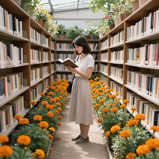 Photograph of a young woman with dark hair, wearing a white blouse and beige skirt, reading a book in a sunlit library aisle lined with orange