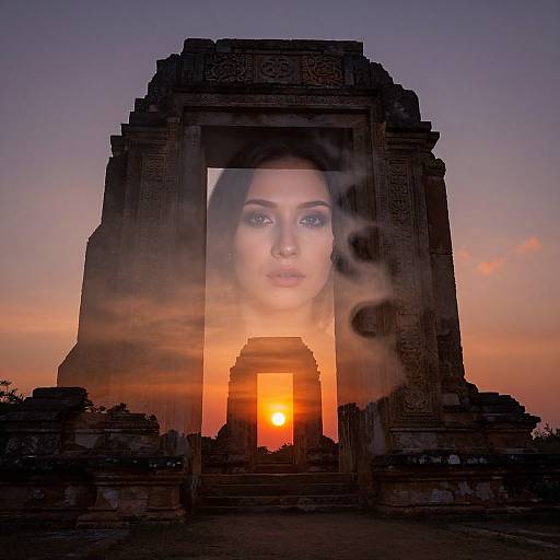 Photograph of ancient stone temple at sunset with superimposed ethereal, translucent portrait of a woman with piercing eyes, orange glow, and wispy