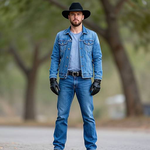Photograph of a bearded man in a black hat, blue denim jacket, jeans, and black gloves standing confidently outdoors against a blurry forest background.