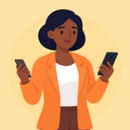 Cartoon-style digital illustration of a smiling woman with black hair, wearing an orange jacket and white shirt, holding two smartphones.