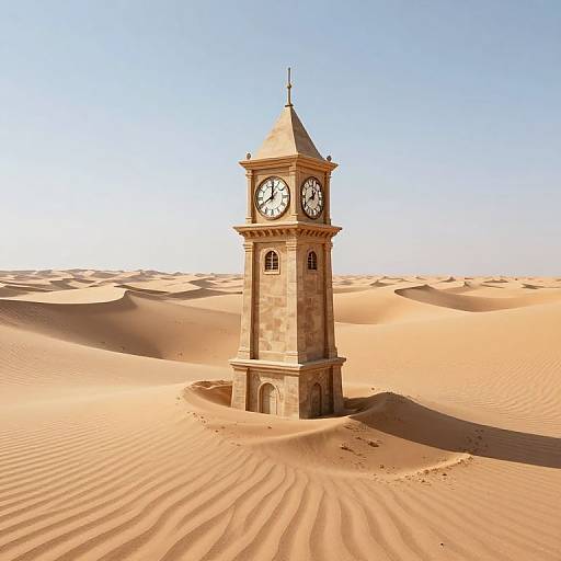 Photograph of a stone clock tower with white clock faces, standing alone in a vast, sunlit desert with rippled sand dunes under a clear