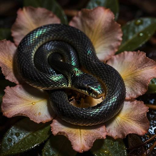 Photograph of a glossy black snake with iridescent scales coiled on a pink, ruffled flower with water droplets, surrounded by dark green
