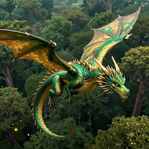 Emerald and Gold Dragon Soaring Over Forest