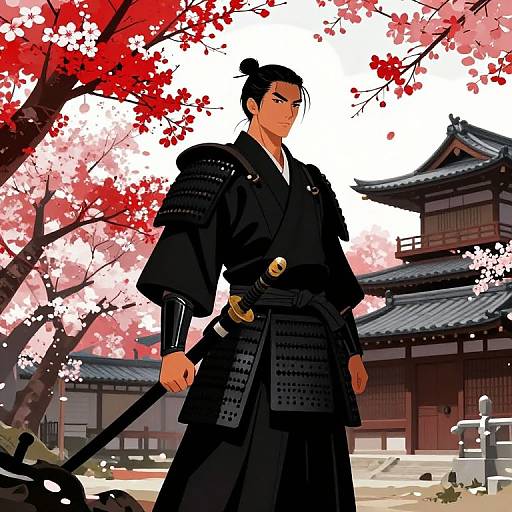 Digital anime-style drawing of a stern samurai with black armor and katana, standing under pink cherry blossoms in front of a traditional Japanese building.
