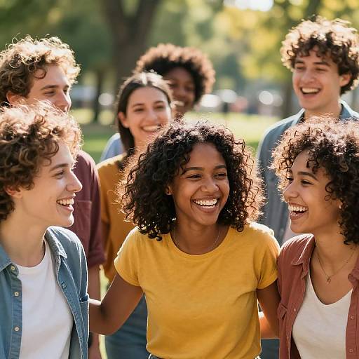 Photograph of six diverse, curly-haired young adults laughing outdoors in bright sunlight, wearing casual clothes, surrounded by green trees in a park.