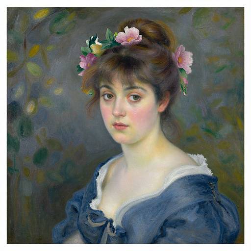Painted portrait of a young woman with fair skin, brown hair, pink flowers in her hair, wearing a blue dress with white lace, against a