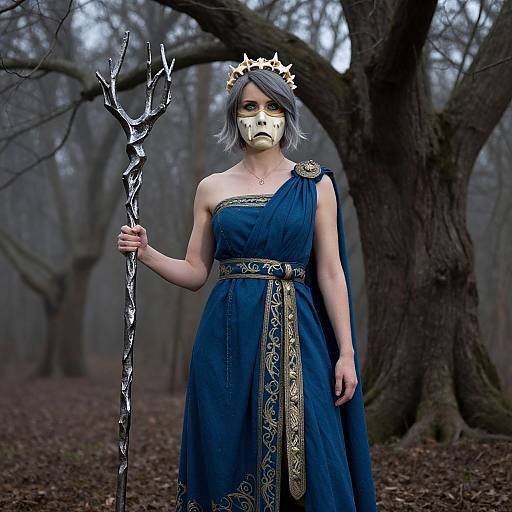 Photograph of a woman with grey hair, golden mask, blue ornate dress, gold crown, holding a black, twisted trident in a mist
