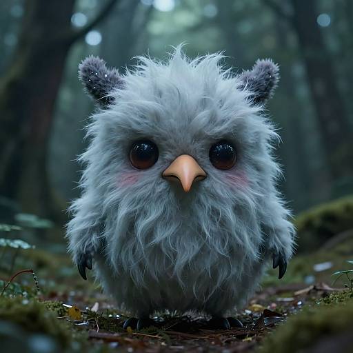Photorealistic CGI of a fluffy, white, forest creature with large, round eyes, a pink beak, and small black ears, standing on