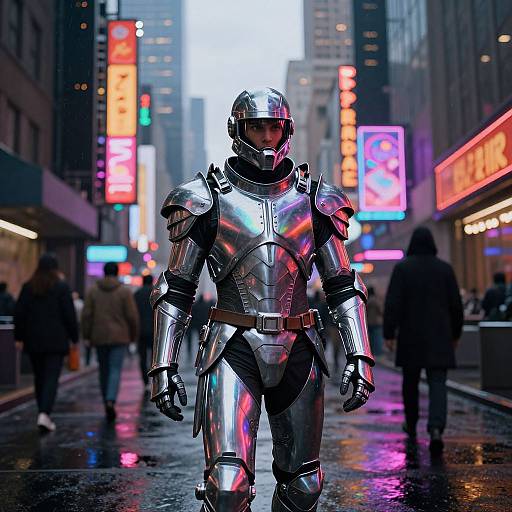 Photograph of a futuristic, silver-armored figure with a helmet walking down a neon-lit, rainy urban street, surrounded by blurred city pedestrians.
