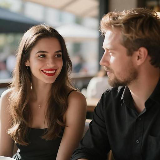 Photograph of a smiling brunette woman with red lipstick and a black dress, seated across from a bearded man in a black shirt, in a sun