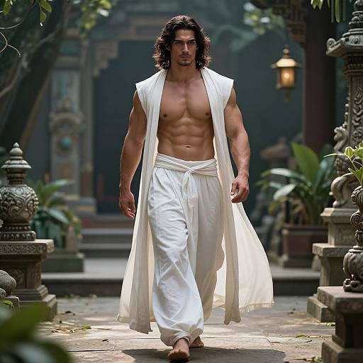 Photograph of a muscular, dark-haired man with a chiseled six-pack, wearing a white, sleeveless, open-front robe and loose pants