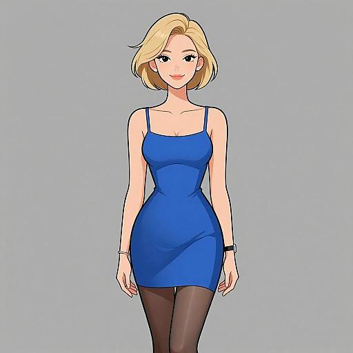 Digital anime-style drawing of a blonde woman in a tight blue dress, black tights, and a black smartwatch, standing against a light blue background