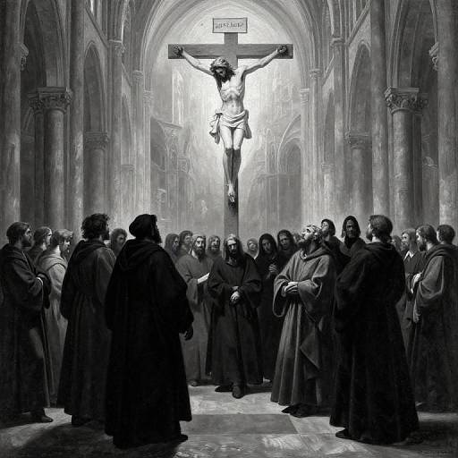 Black-and-white digital painting of a crucified Jesus in a gothic cathedral, surrounded by solemn monks in hooded robes.