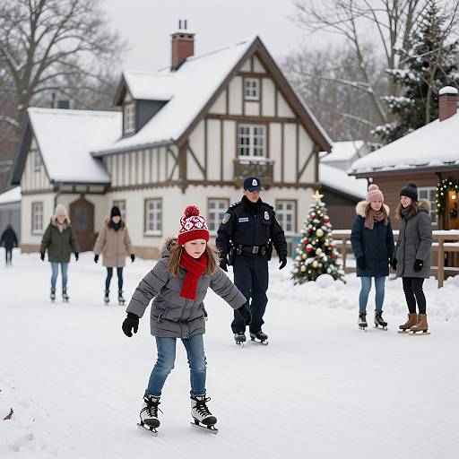 Winter Ice Skating in Snowy Village