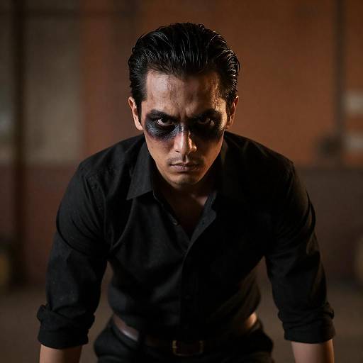 Intense Portrait in Dim Industrial Setting