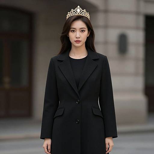 Photograph of an Asian woman with long black hair, wearing a silver tiara, black coat, and black top, standing in front of a blurred