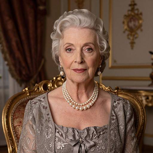 Photograph of an elegant elderly woman with short, white curly hair, wearing a gray lace dress, pearl necklace, and earrings, seated in an orn