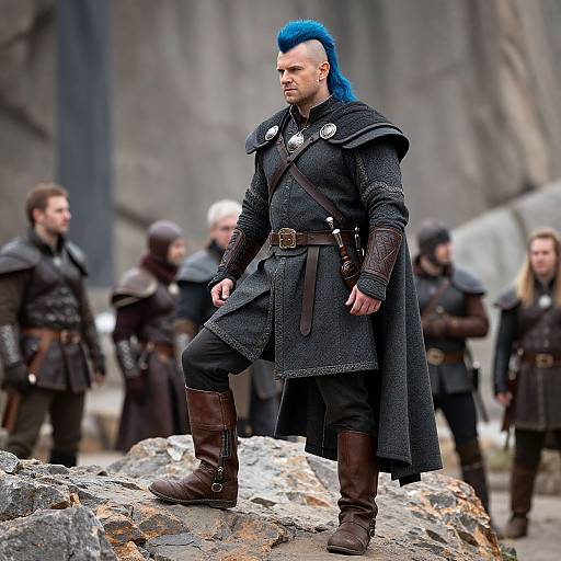Photograph of a blue mohawked man in medieval armor, standing on rocks, with blurred background of armored soldiers in a rocky landscape.