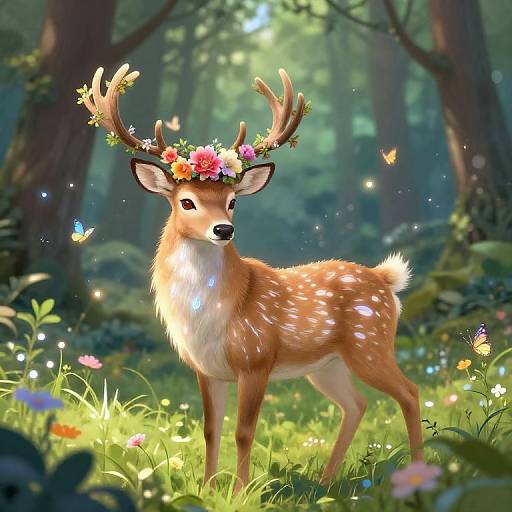 Digital illustration of a deer with a flower crown, standing in a sunlit forest, surrounded by glowing butterflies and colorful flowers.
