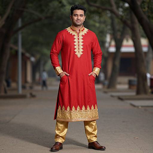 Photograph of a confident South Asian man in a bright red traditional Punjabi kurta with gold embroidery, gold pants, and brown shoes, standing on