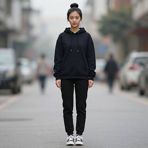 Photograph of a young woman with dark skin and black hair in a bun, wearing a black hoodie, black pants, and white sneakers, standing on