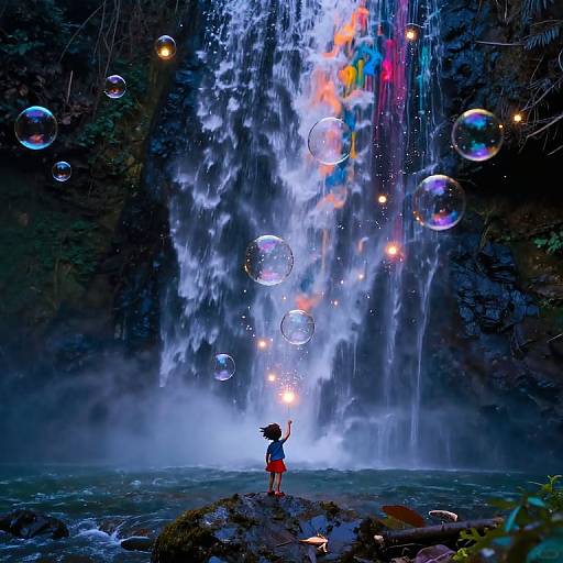 Digital anime-style artwork: A girl with short black hair and a red dress stands on a rocky ledge, raising her hand towards glowing bubbles and a radiant