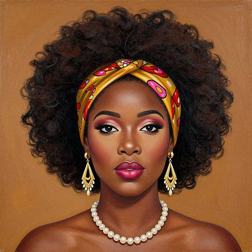 Digital portrait of a beautiful African woman with dark skin, vibrant pink lipstick, curly afro, gold headband, pearl necklace, and dangling earrings,