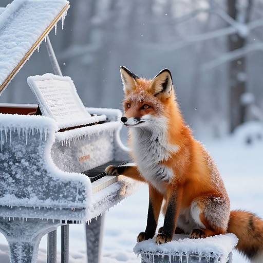 Photograph of a red fox with sharp eyes and orange fur, sitting on a snow-covered piano in a wintry forest.